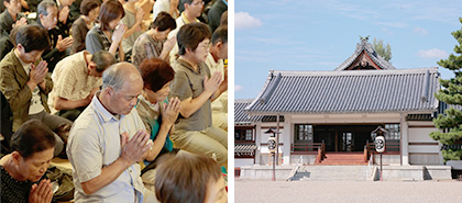 月次祭の祭典風景と祖霊殿外観