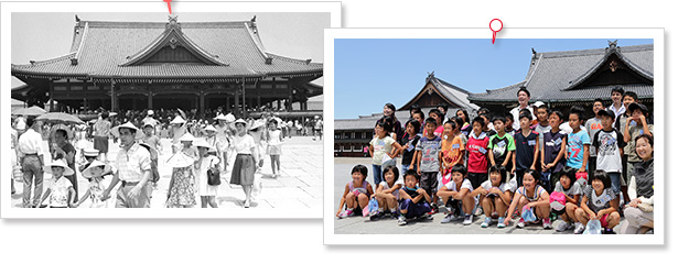 天理教教会本部神殿前で撮影する子供たちの昔と今の写真