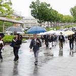 降りしきる雨のなか、傘を手に本部神殿へ向かう参拝者たち（6月26日）